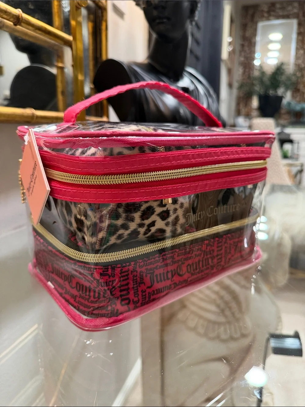 Juicy Couture Clear Cosmetic Case with Hot Pink Trim and Gold Accents